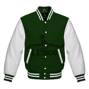 Męska kurtka baseballowa Varsity Baseball Letterman Bomber Jacket w kolorze zielonym z wełną i białymi rękawami ze skóry naturalnej