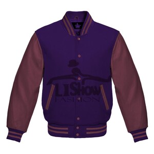 Men's Varsity Baseball Letterman Bomber Jacket Purple Wool & Maroon Genuine Leather Sleeves