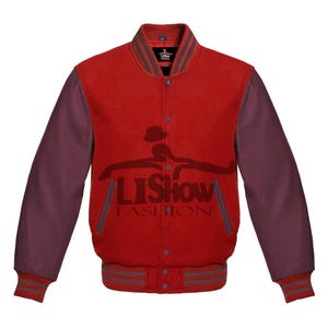Men's Varsity Baseball Letterman Bomber Jacket Red Wool & Maroon Genuine Leather Sleeves