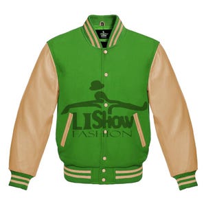 Męska kurtka baseballowa Varsity Letterman Bomber w kolorze Kelly Green Wool & Dark Cream z rękawami ze skóry naturalnej