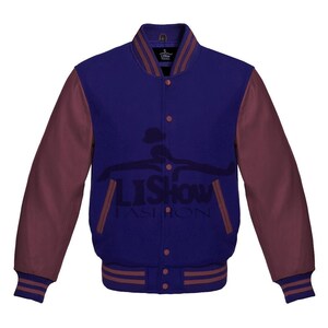 Men's Varsity Baseball Letterman Bomber Jacket Navy Blue Wool & Maroon Genuine Leather Sleeves