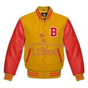 Men&#39;s Varsity Baseball Letterman Bomber B logo Jacket Yellow Gold Wool & Red Genuine Leather Sleeves