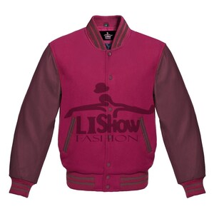 Men's Varsity Baseball Letterman Bomber Jacket Pink Wool & Maroon Genuine Leather Sleeves