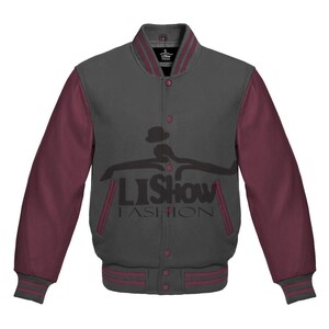 Men's Varsity Baseball Letterman Bomber Jacket Grey Wool & Maroon Genuine Leather Sleeves