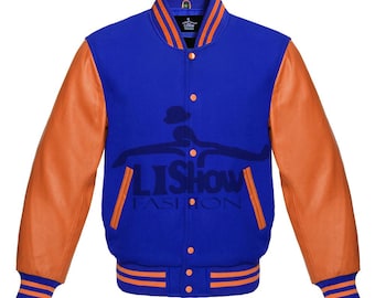 Herr Varsity Baseball Letterman Bomberjacka Kungsblå Ull & Orange Äkta Läderärmar