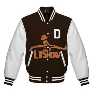 Men's Varsity Baseball Letterman Bomber D logo Jacket Brown Wool & White Genuine Leather Sleeves