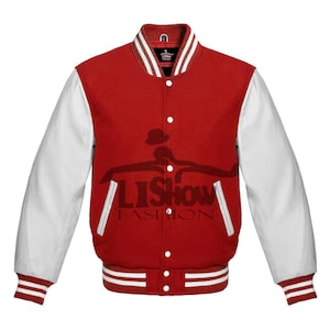 Men's Varsity Baseball Letterman Bomber Jacket Red Wool & White Genuine Leather Sleeves