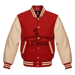 Men's Varsity Baseball Letterman Bomber Jacket Red Wool & Cream Genuine Leather Sleeves