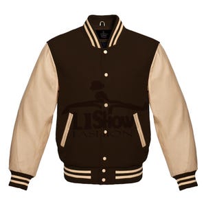 Men's Varsity Baseball Letterman Bomber Jacket Brown Wool & Cream Genuine Leather Sleeves