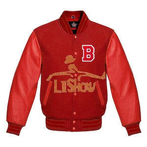 Men&#39;s Varsity Baseball Letterman Bomber B logo Jacket Red Wool & Red Genuine Leather Sleeves