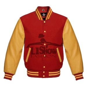 Men&#39;s Varsity Baseball Letterman Bomber Jacket Red Wool &  Yellow Gold Genuine Leather Sleeves