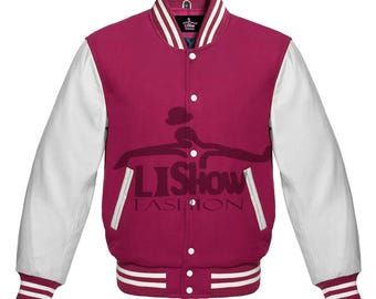 Men's Varsity Baseball Letterman Bomber Jacket Pink Wool & White Genuine Leather Sleeves