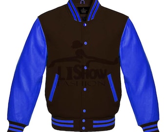Men's Varsity Baseball Letterman Bomber Jacket Brown Wool  & Royal Blue Genuine Leather Sleeves
