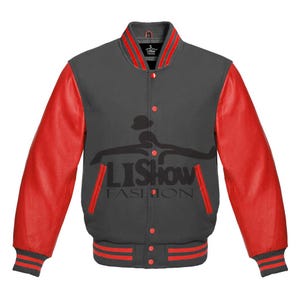 Men's Varsity Baseball Letterman Bomber Jacket Dark Grey Wool & Red Genuine Leather Sleeves