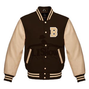 Men's Varsity Baseball Letterman Bomber B logo Jacket  Brown Wool & Cream Genuine Leather Sleeves