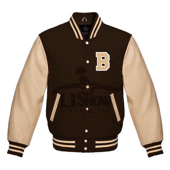 thumbnail image 2 of Mens Vintage Varsity Bomber Jacket – Wool Blend With Genuine Cowhide Leather Sleeves – Green Letterman Baseball Coat 2 of 5