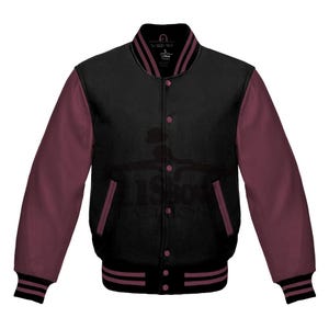 Men's Varsity Baseball Letterman Bomber Jacket Black Wool & Maroon Genuine Leather Sleeves