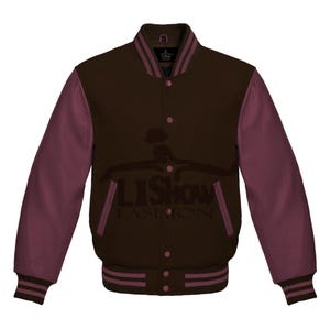 Men's Varsity Baseball Letterman Bomber Jacket Brown Wool & Maroon Genuine Leather Sleeves