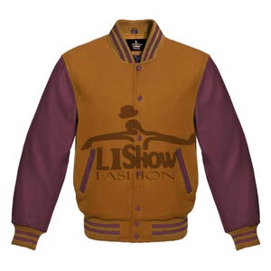 Men's Varsity Baseball Letterman Bomber Jacket Tan Brown Wool & Maroon Genuine Leather Sleeves