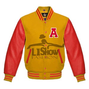 Men&#39;s Varsity Baseball Letterman Bomber A logo Jacket Yellow Gold Wool & Red Genuine Leather Sleeves