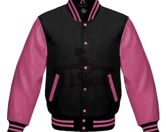 Men's Varsity Baseball Letterman Bomber Jacket Black Wool & Pink Genuine Leather Sleeves