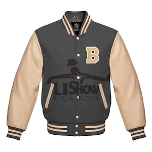 Men's Varsity Baseball Letterman Bomber B logo Jacket Grey Wool & Cream Genuine Leather Sleeves