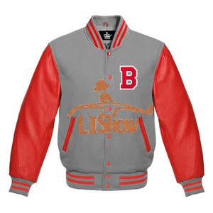 Men's Varsity Baseball Letterman Bomber B logo Jacket Grey Wool & Red Genuine Leather Sleeves
