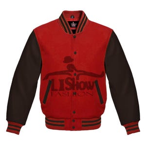 Men's Varsity Baseball Letterman Bomber Jacket Red Wool & Brown Genuine Leather Sleeves