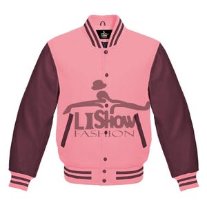 Men's Varsity Baseball Letterman Bomber Jacket Baby Pink Wool & Maroon Genuine Leather Sleeves