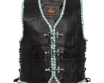 Chaleco sin mangas de cuero de vaca negro elegante para motociclista de hombre con ribete blanco y verde