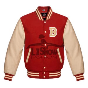 Men's Varsity Baseball Letterman Bomber B logo Jacket Red Wool & Cream Genuine Leather Sleeves