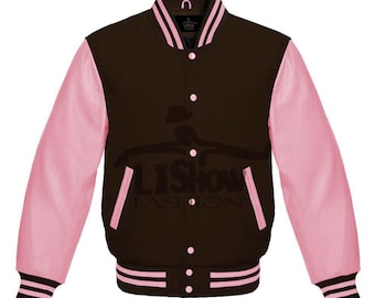 Men's Varsity Baseball Letterman Bomber Jacket Brown Wool & Baby Pink Genuine Leather Sleeves