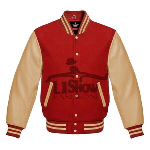 Men's Varsity Baseball Letterman Bomber Jacket Red Wool & Dark Cream Genuine Leather Sleeves