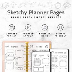 May include: A pink planner with gold accents and a tablet displaying planner pages. The text "Sketchy Planner Pages" is at the top, with options for planning, tracking, noting, and reflecting. The planner includes sections for daily habits, notes, and reflections.