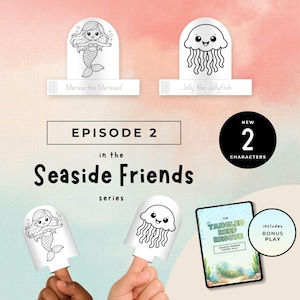 May include: A promotional image for the "Seaside Friends" series, featuring two finger puppets: "Marina the Mermaid" and "Jelly the Jellyfish." The image includes the text "Episode 2" and "New 2 Characters." A tablet displays "The Tangled Reef Rescue" with "Bonus Play."