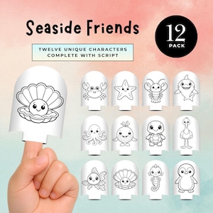 May include: A collection of twelve white finger puppets featuring various black and white cartoon sea creatures, including a crab, starfish, lobster, and shark. The text "Seaside Friends" and "Twelve Unique Characters Complete With Script" are displayed.