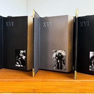 May include: Three hardcover books with the Roman numeral XVI on the spine. The books are black and gray with gold corner accents. Each book has a small black and white image on the front cover.