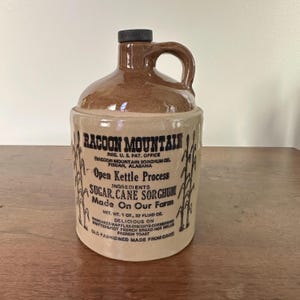 Cruche en grès vintage Raccoon Mountain USA – petite cruche à sirop de 7 x 4,25 po, poterie rustique, pot souvenir, décor d'étagère de ferme