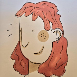 Ilustração original desenhada à mão Garota ruiva, Arte minimalista de desenho animado, Arte indie boho, Desenho de personagem exclusivo em papel