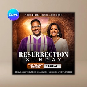 May include: A promotional graphic for Resurrection Sunday featuring a smiling man and woman. The text includes "Resurrection Sunday", "This Sunday 09.06.26", and "10:00 AM". The background is a blurred image of a cave with a bright light.