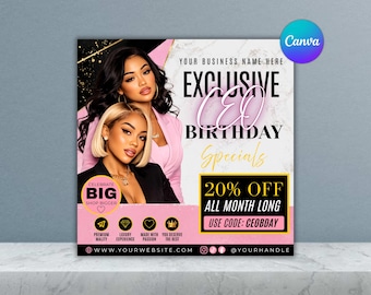 CEO Birthday Flyer Template, Gemini Birthday, Lash Tech Business Promotion (Canva Download)