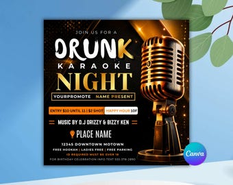 Drunk Night Karaoke Flyer Template, Party Event Invitation Canva Design