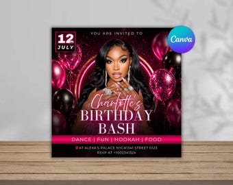 Purple Birthday Flyer Template, Black Silver Party Invitation (Digital Download)