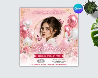 Pink Glam Birthday Invitation, Canva Editable Template (Digital Download)