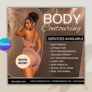 Peut inclure: Publicité pour des services de remodelage corporel. L'image présente une femme en brassière et short roses. Le texte comprend "BODY Contouring" et une liste de services : enveloppements corporels, liposuccion, remodelage des fesses, etc. Un bouton "Réserver maintenant !" est visible.