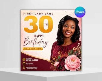 First Lady Birthday Flyer, Pink Church Celebration Flyer, 30th Birthday Flyer, Elegant Birthday Invitation, Canva Editable Template