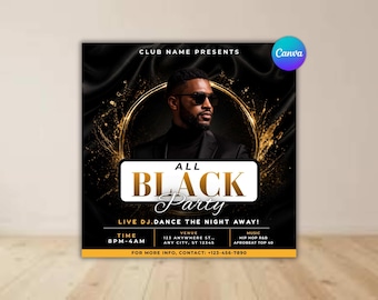 All Black Party Flyer, Canva Editable Template, Night Club Event (Digital Download)