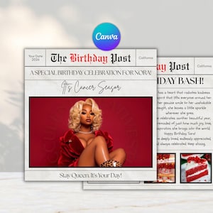 May include: A birthday-themed newspaper-style design with a photo of a woman in a red outfit. The headline reads "The Birthday Post" with the text "A Special Birthday Celebration for Nora!" and "Stay Queen. It's Your Day!"