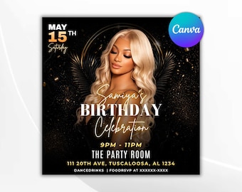 Luxury Black Gold Birthday Flyer, Champagne Invitation, Glam Adult Party Template (Digital Download)