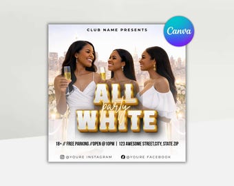 All White Party Flyer Template, Elegant White Dress Code Event Canva Digital Download